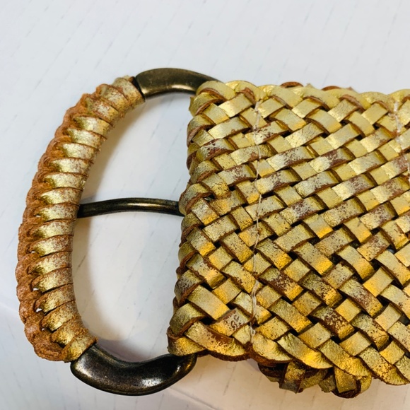 Fossil Leather Belt Metallic Gold Woven Braided Wide Womens Size M Twist Preppy - Picture 8 of 12